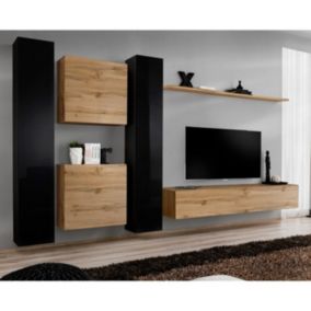 Meuble TV Mural Design "Switch VI" 330cm Noir & Naturel