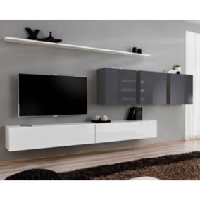 Meuble TV Mural Design "Switch VII" 340cm Blanc & Gris