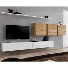 Meuble TV Mural Design "Switch VII" 340cm Blanc & Naturel