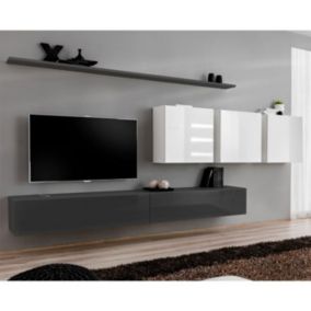 Meuble TV Mural Design "Switch VII" 340cm Gris & Blanc