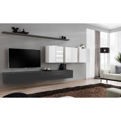 Meuble TV Mural Design "Switch VII" 340cm Gris & Blanc