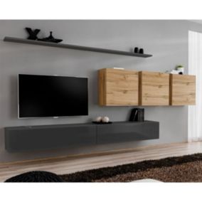 Meuble TV Mural Design "Switch VII" 340cm Gris & Naturel