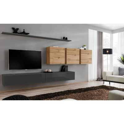Meuble TV Mural Design "Switch VII" 340cm Gris & Naturel