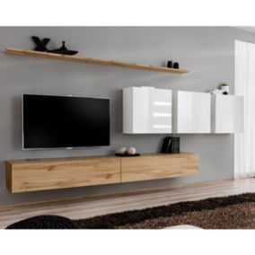 Meuble TV Mural Design "Switch VII" 340cm Naturel & Blanc