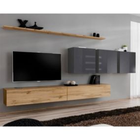 Meuble TV Mural Design "Switch VII" 340cm Naturel & Gris