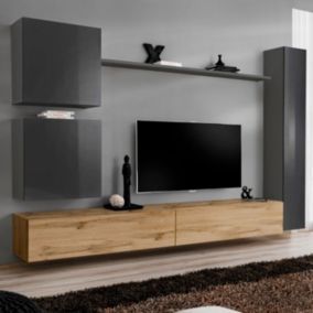 Meuble TV Mural Design "Switch VIII" 280cm Gris & Naturel