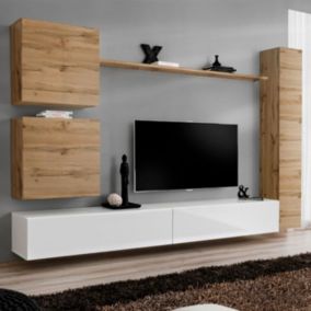 Meuble TV Mural Design "Switch VIII" 280cm Naturel & Blanc