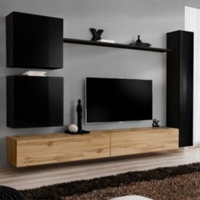 Meuble TV Mural Design "Switch VIII" 280cm Noir & Naturel