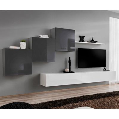 Meuble TV Mural Design "Switch X" 330cm Gris & Blanc