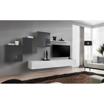 Meuble TV Mural Design "Switch X" 330cm Gris & Blanc