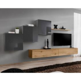 Meuble TV Mural Design "Switch X" 330cm Gris & Naturel