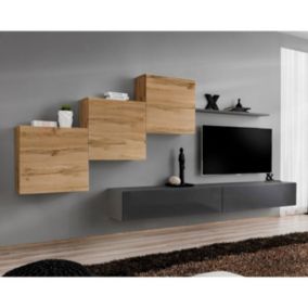 Meuble TV Mural Design "Switch X" 330cm Naturel & Gris