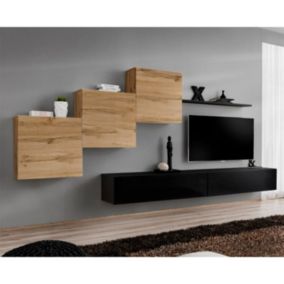 Meuble TV Mural Design "Switch X" 330cm Naturel & Noir