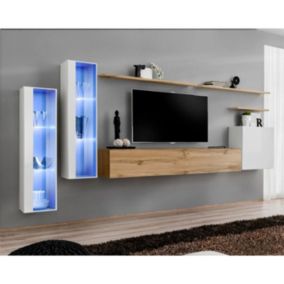 Meuble TV Mural Design "Switch XI" 330cm Blanc & Naturel