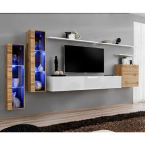 Meuble TV Mural Design "Switch XI" 330cm Naturel & Blanc