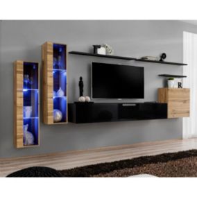 Meuble TV Mural Design "Switch XI" 330cm Naturel & Noir