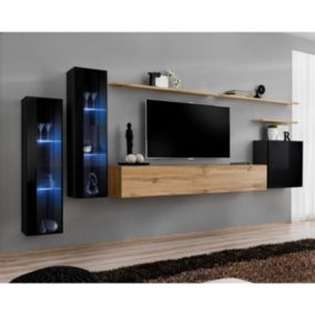 Meuble TV Mural Design "Switch XI" 330cm Noir & Naturel