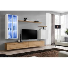 Meuble TV Mural Design "Switch XII" 270cm Blanc & Naturel