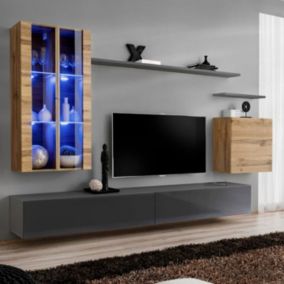 Meuble TV Mural Design "Switch XII" 270cm Naturel & Gris