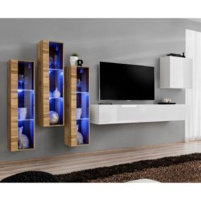 Meuble TV Mural Design "Switch XIII" 330cm Blanc & Naturel