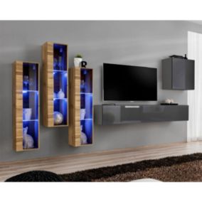 Meuble TV Mural Design "Switch XIII" 330cm Gris & Naturel