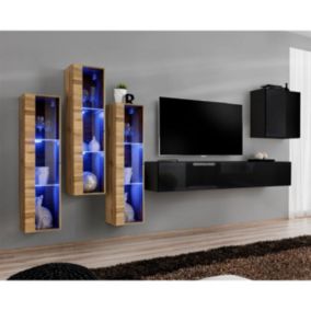 Meuble TV Mural Design "Switch XIII" 330cm Noir & Naturel