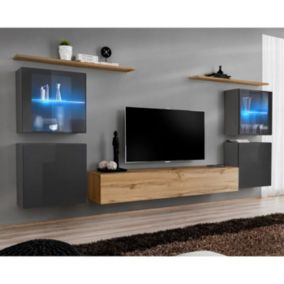 Meuble TV Mural Design "Switch XIV" 320cm Gris & Naturel