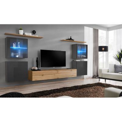 Meuble TV Mural Design "Switch XIV" 320cm Gris & Naturel