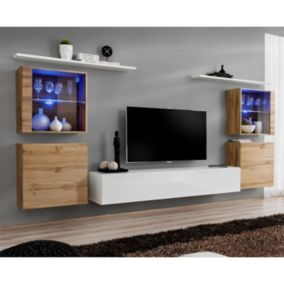 Meuble TV Mural Design "Switch XIV" 320cm Naturel & Blanc