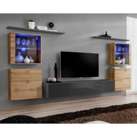 Meuble TV Mural Design "Switch XIV" 320cm Naturel & Gris