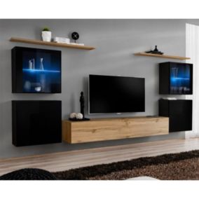 Meuble TV Mural Design "Switch XIV" 320cm Noir & Naturel