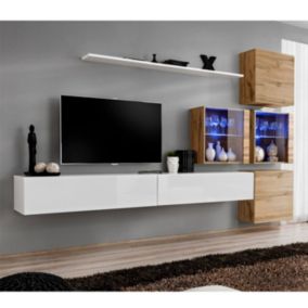 Meuble TV Mural Design "Switch XIX" 310cm Blanc & Naturel