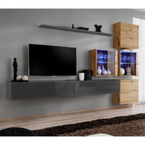 Meuble TV Mural Design "Switch XIX" 310cm Gris & Naturel