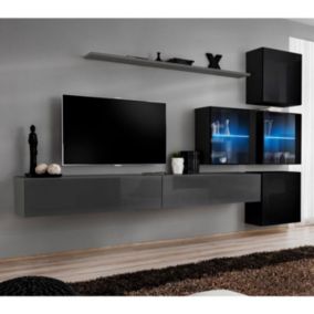 Meuble TV Mural Design "Switch XIX" 310cm Gris & Noir