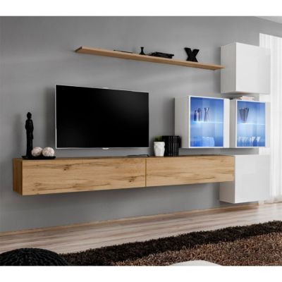 Meuble TV Mural Design "Switch XIX" 310cm Naturel & Blanc