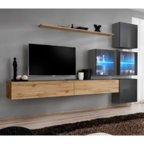 Meuble TV Mural Design "Switch XIX" 310cm Naturel & Gris