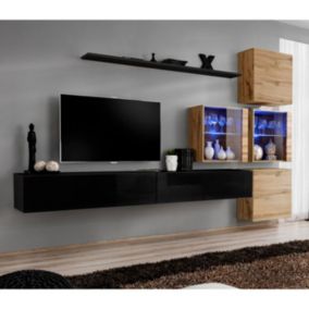 Meuble TV Mural Design "Switch XIX" 310cm Noir & Naturel