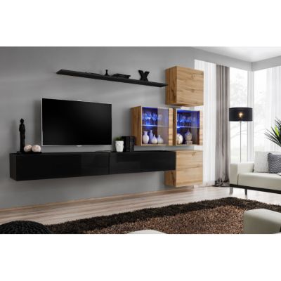 Meuble TV Mural Design "Switch XIX" 310cm Noir & Naturel