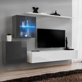 Meuble TV Mural Design "Switch XV" 260cm Blanc & Gris