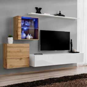 Meuble TV Mural Design "Switch XV" 260cm Blanc & Naturel