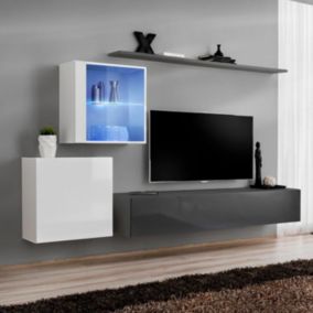 Meuble TV Mural Design "Switch XV" 260cm Gris & Blanc