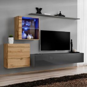 Meuble TV Mural Design "Switch XV" 260cm Gris & Naturel