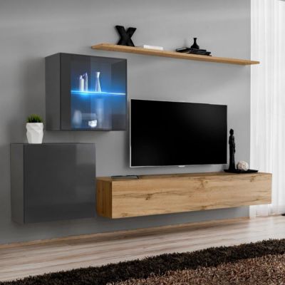 Meuble TV Mural Design "Switch XV" 260cm Naturel & Gris