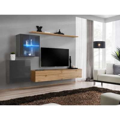 Meuble TV Mural Design "Switch XV" 260cm Naturel & Gris