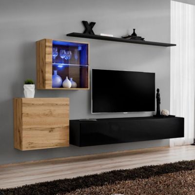 Meuble TV Mural Design "Switch XV" 260cm Noir & Naturel