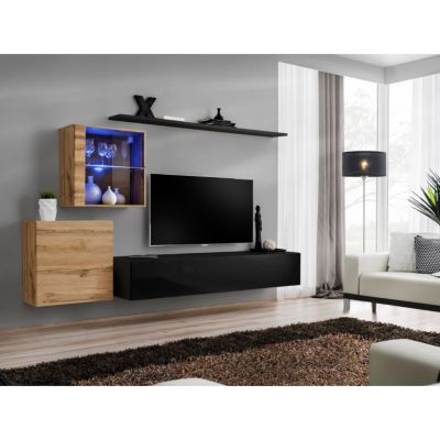 Meuble TV Mural Design "Switch XV" 260cm Noir & Naturel