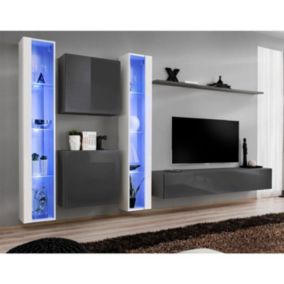 Meuble TV Mural Design "Switch XVI" 330cm Blanc & Gris