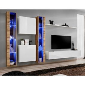 Meuble TV Mural Design "Switch XVI" 330cm Blanc & Naturel