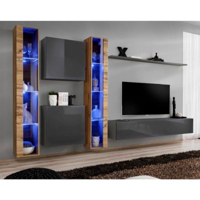 Meuble TV Mural Design "Switch XVI" 330cm Gris & Naturel