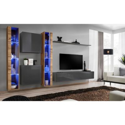 Meuble TV Mural Design "Switch XVI" 330cm Gris & Naturel